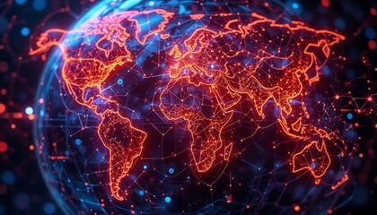 Poster - Global Network: A Fiery Orange World Map in Abstract Style