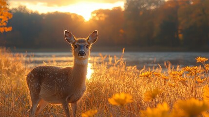 Wall Mural - sunrise deer autumn field lake wildlife