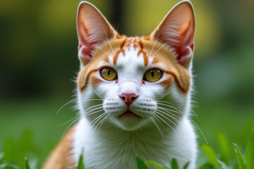 close up of curious orange and white cat in green grass