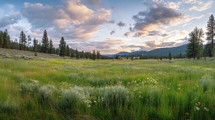 Wall Mural - A serene meadow with tall grass and wildflowers under the soft glow of an early evening sky