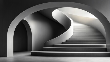 Poster - Modern minimalist architecture, curved staircase, arches, light.