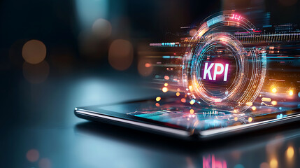 Poster - Dynamic kpi visualization on tablet device modern office digital content high-tech environment close-up view business insights