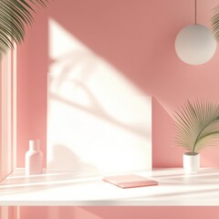 Poster - Elegant and minimalist interior setup featuring subtle dish variants and soft lighting in a pastel setting