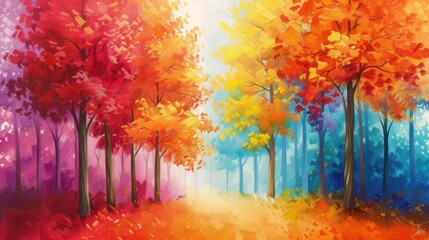 Aufkleber - Magical forest landscape bathed in soft light during autumn with vibrant foliage and mystical atmosphere