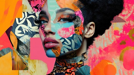 Poster - Bold and vibrant art combines with portrait of a woman showcasing unique face painting and colorful abstract designs in an urban setting