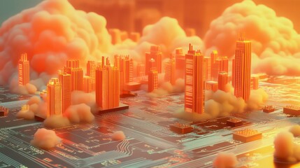 Fototapete - Miniature city on a circuit board, enveloped in orange clouds.