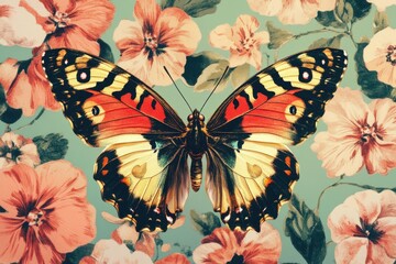 Poster - Vibrant butterfly perched elegantly among floral patterns in a colorful setting showcasing nature's beauty