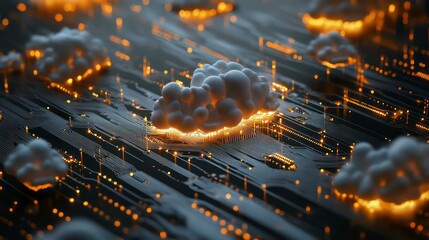 Poster - Abstract 3D rendering of cloud computing concept with glowing circuits.