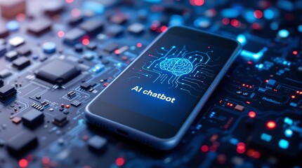 Poster - AI Chatbot Displayed on Black Smartphone Screen, Representing Automation for Support Centers and AI-Driven Communication