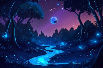 Wall Mural - A planet with bioluminescent forests and glowing rivers, alien life forms