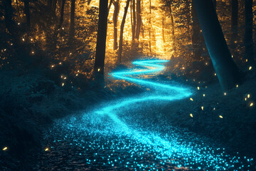 Poster - A planet with bioluminescent forests and glowing rivers, alien life forms
