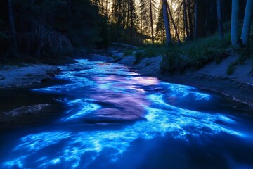Poster - A planet with bioluminescent forests and glowing rivers, alien life forms