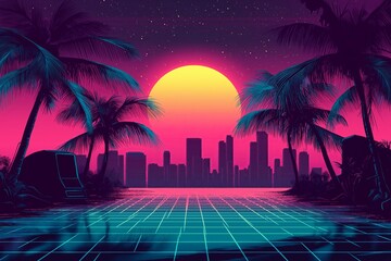 Wall Mural - A retro-futuristic 80s sci-fi city with neon palm trees and synthwave vibes. --ar 3:2 --style raw --v 6.1 Job ID: 1181b3a5-2d26-4cac-ad17-794c9450b9ce