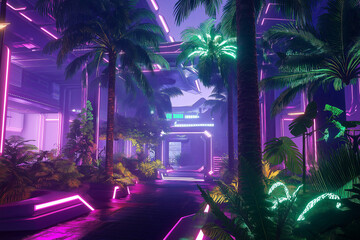 Poster - A retro-futuristic 80s sci-fi city with neon palm trees and synthwave vibes