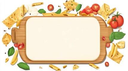 Poster - Wooden board surrounded by penne pasta, tomatoes, basil, and cheese.