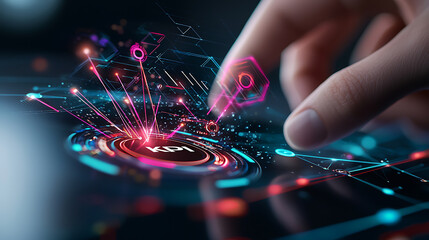 Poster - Digital interaction with kpi metrics in a futuristic workspace visual data analysis technology close-up innovation