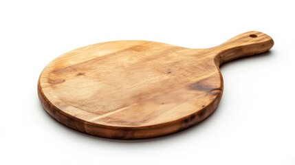 Poster - Round wooden cutting board with handle, isolated on white background.