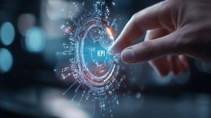 Poster - Analyzing key performance indicators in digital marketing office setting technology visualization futuristic environment close-up view