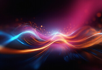 Poster - Abstract sci-fi background featuring a double exposure effect.  Glowing waves of vibrant orange, blue, and pink light create a dynamic, otherworldly scene.  Particles shimmer throughout.