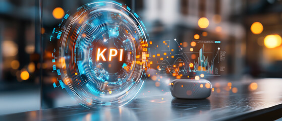Poster - Kpi tracking and analysis modern office digital dashboard urban environment close-up view business insights