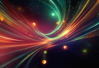 Poster - Abstract sci-fi double exposure background image featuring vibrant, swirling light trails and glowing orbs in a dark space.