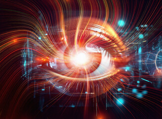 Poster - Abstract sci-fi double exposure image. A vibrant eye is the focal point, surrounded by swirling energy and digital data streams against a dark background.