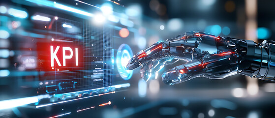 Poster - Analyzing kpi metrics with robotic assistance digital workspace data visualization futuristic environment close-up technology insights