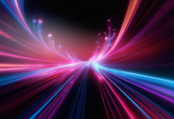 Poster - Abstract sci-fi double exposure image.  A vibrant, colorful light trail streaks across a dark background, creating a sense of speed and movement.