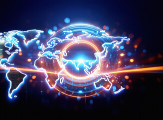 Aufkleber - Abstract sci-fi double exposure image featuring a glowing world map encircled by a vibrant ring, set against a dark background.  Light streaks emanate outward.