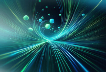 Fototapete - Abstract sci-fi double exposure image. Glowing teal and green lines converge creating a vortex effect against a dark background, with floating spheres adding depth.