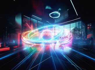 Aufkleber - Abstract sci-fi double exposure image. Glowing neon rings and streaks of light illuminate a futuristic interior against a dark background.  The scene evokes a sense of speed and energy.