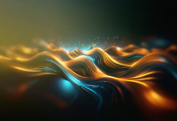 Poster - Abstract sci-fi background.  Double exposure effect shows luminous, flowing, metallic waves in teal and gold, creating a dynamic, otherworldly landscape.
