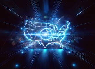 Poster - Abstract sci-fi double exposure image of the United States map, glowing with energy, set against a dark, dynamic background.  A futuristic, vibrant depiction of the nation.
