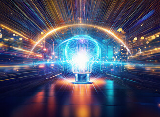 Poster - Abstract sci-fi double exposure image. Glowing lightbulb at center, surrounded by dynamic streaks of light and a futuristic background.