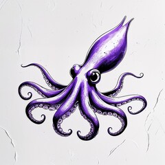 Wall Mural - Squid art purple and white flat design simple line hand drawing on plain white background