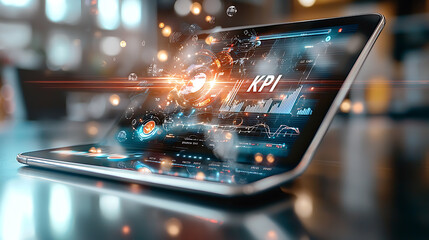 Poster - Analyzing key performance indicators on digital device office infographic modern workspace aerial view business insights