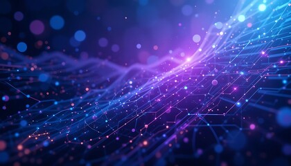Fototapete - Abstract Network: Glowing Purple and Blue Digital Wave