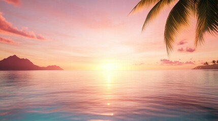 Wall Mural - A serene sunset over calm waters, with gentle waves reflecting pink hues and silhouetted palm trees framing the peaceful scene.