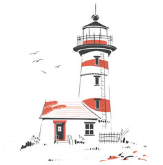 Poster - Coastal Lighthouse with Adjacent House and Birds