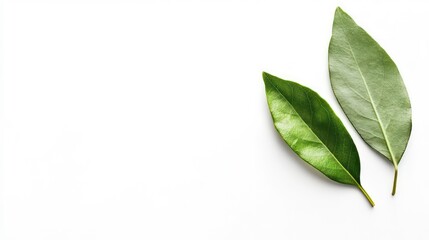 Poster - Two green leaves on a white background, copy space.