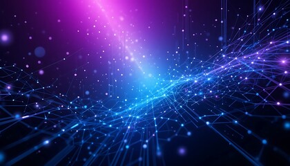 Poster - Abstract Network: Glowing Blue and Purple Nodes, Dynamic Digital Art