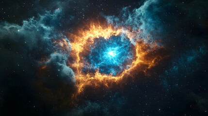 Aufkleber - A captivating and visually stunning digital artwork depicting a dramatic cosmic explosion with vibrant hues of fiery orange and ethereal blue swirling and pulsating across the vast expanse of the