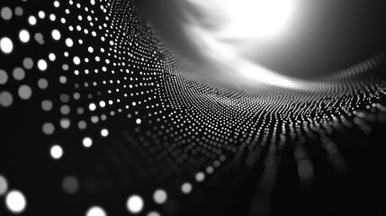 Poster - Abstract grayscale wave of dots, flowing into bright light.