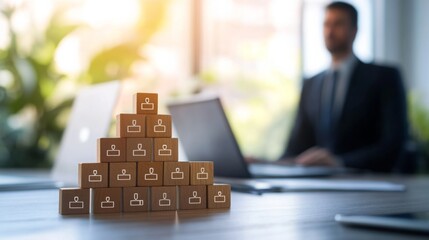 Leinwandbilder - A stack of wooden boxes with icons representing people sits on a desk, with a businessman in a suit blurred in the background, suggesting teamwork and organization.