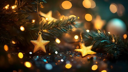 Poster - Golden star ornaments hanging on a Christmas tree branch with bokeh lights.