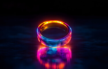 Wall Mural - A glowing, iridescent ring stands on a dark, reflective surface.