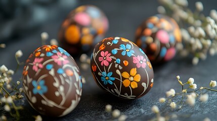 Wall Mural - Beautifully decorated Easter eggs with vibrant floral patterns and designs on a nature background  festive for spring holiday