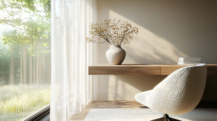 Sunlit minimalist workspace with a wooden desk, comfortable chair, and dried flowers in a vase.