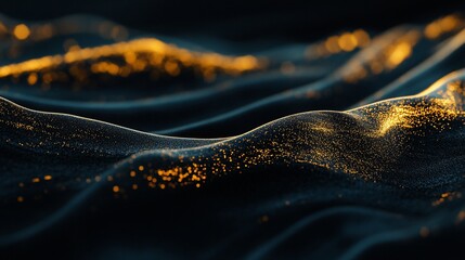 Fototapete - Abstract Dark Wavy Texture with Golden Glittering Particles on Surface  Background