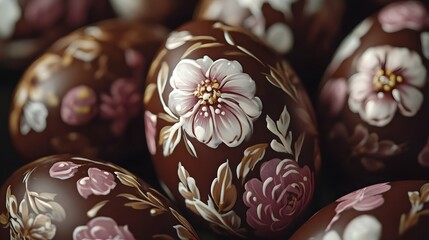 Wall Mural - Close up view of beautifully decorated Easter eggs with intricate floral and botanical patterns in a rustic handcrafted style  The eggs feature vibrant colors textures and designs